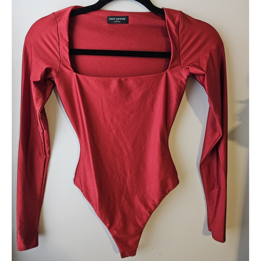 Naked Wardrobe XS Burgundy Square Neck Long‎ Sleeve Bodysuit